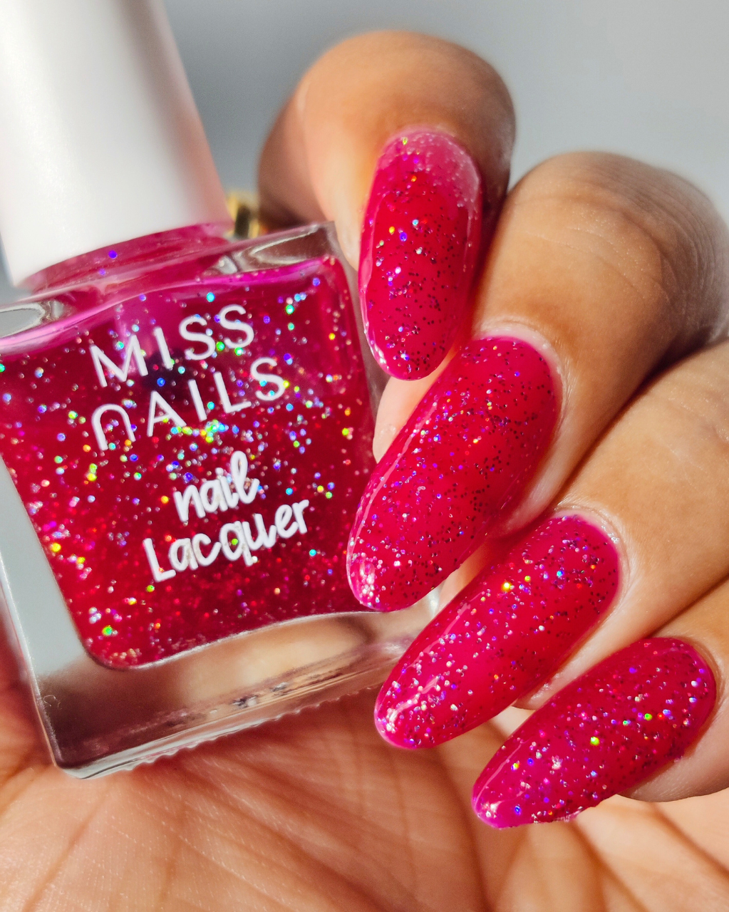 Miss nails radiant ruby nail swatch with holographic glitters